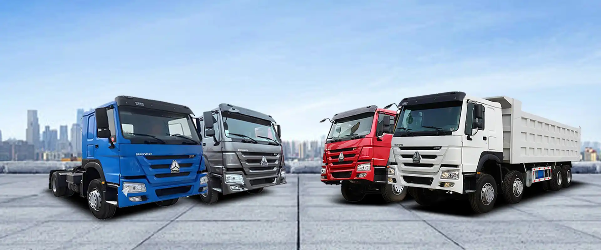 Lupeng heavy truck range including blue, gray, red and white trucks